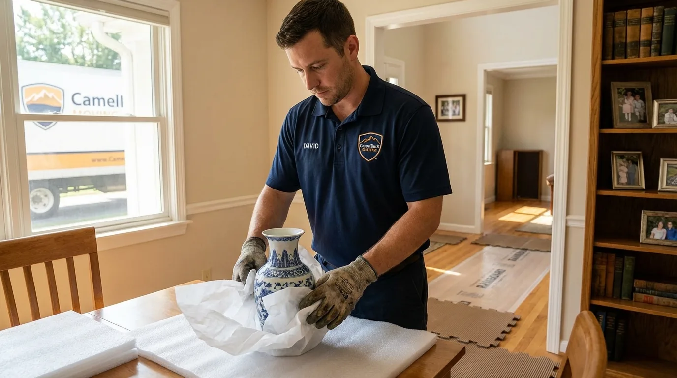 Professional crew carefully wrapping antique vase for senior downsizing move in Ritzville, WA